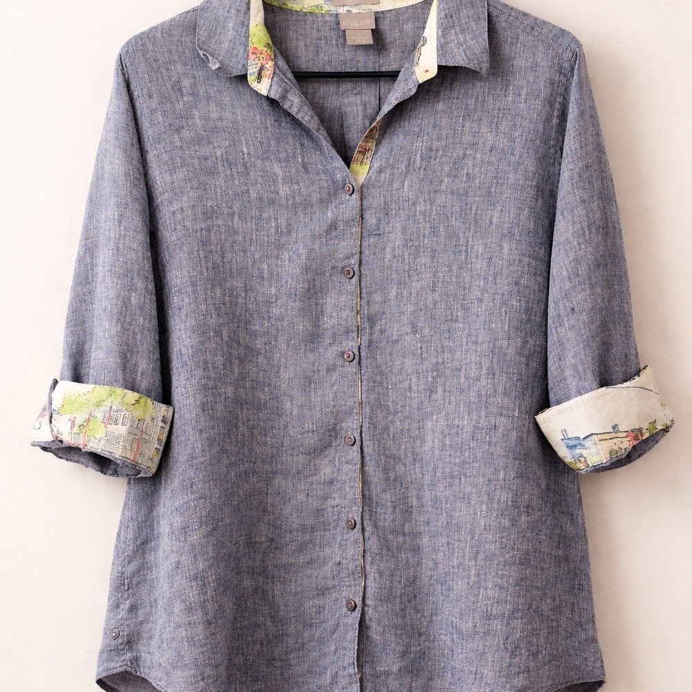 Chico's Blue Button Down Shirt with Patterned Accents